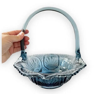 Fenton Art Glass Smoke Blue Regency Glass Basket Candy Dish Grandmacore Vintage‎